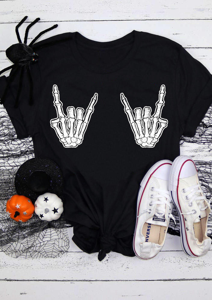 T-shirts Tees Skeleton Hand O-Neck T-Shirt Tee in Black. Size: XL