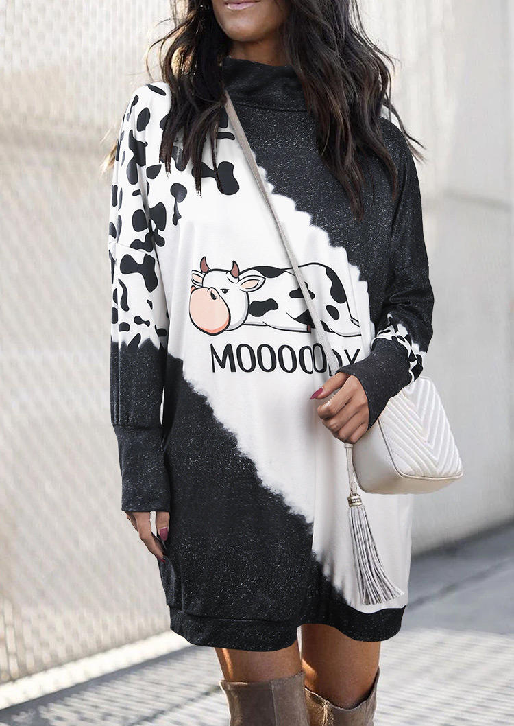 Mooooody Cow Turtleneck Mini Dress - Black