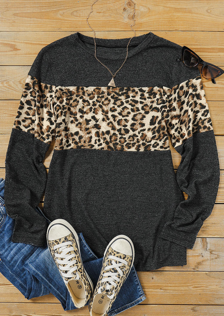 

Blouses Leopard Splicing Long Sleeve Blouse in Dark Grey. Size