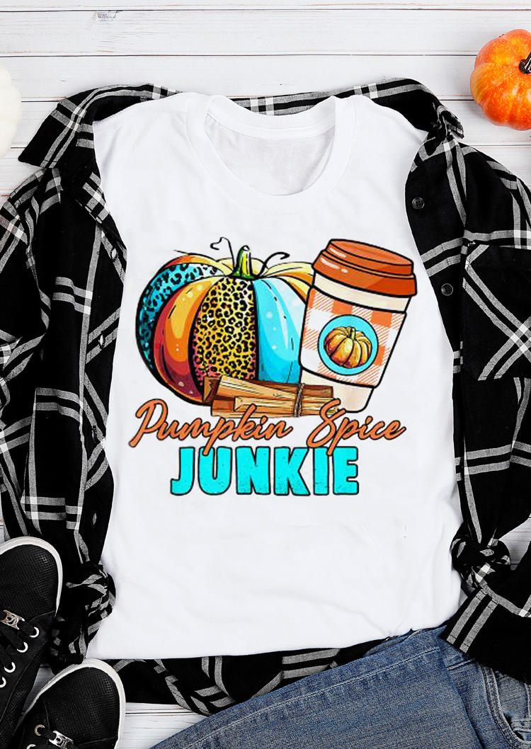 Pumpkin Spice Junkie Leopard Plaid T-Shirt Tee - White