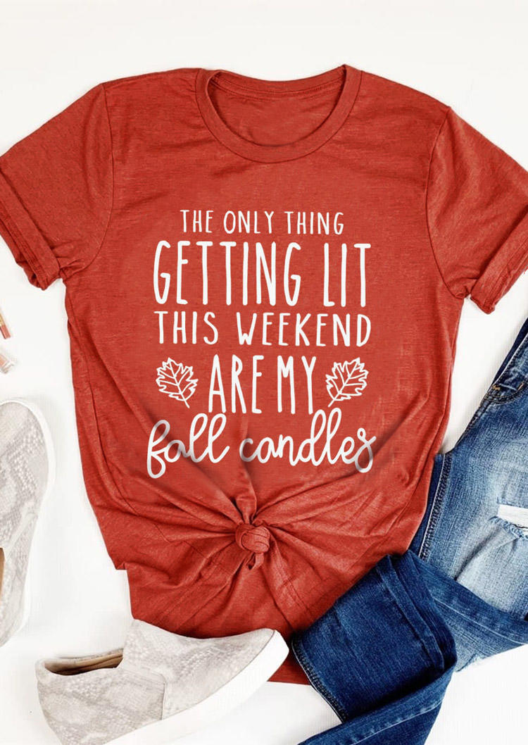 This Weekend Are My Fall Candles Leaf T-Shirt Tee - Brick Red