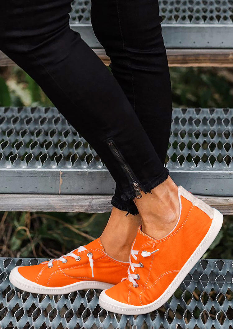 Sneakers Lace Up Round Toe Flat Sneakers in Orange. Size: 37,38,40,41