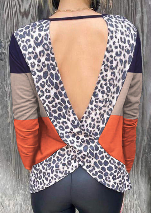 

Blouses Leopard Color Block Open Back Hollow Out Blouse in Multicolor. Size: ,M,L,XL