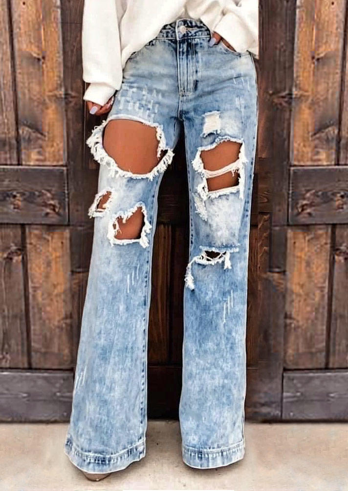 

Pants Ripped Hole Pocket Jeans Pants in Blue. Size