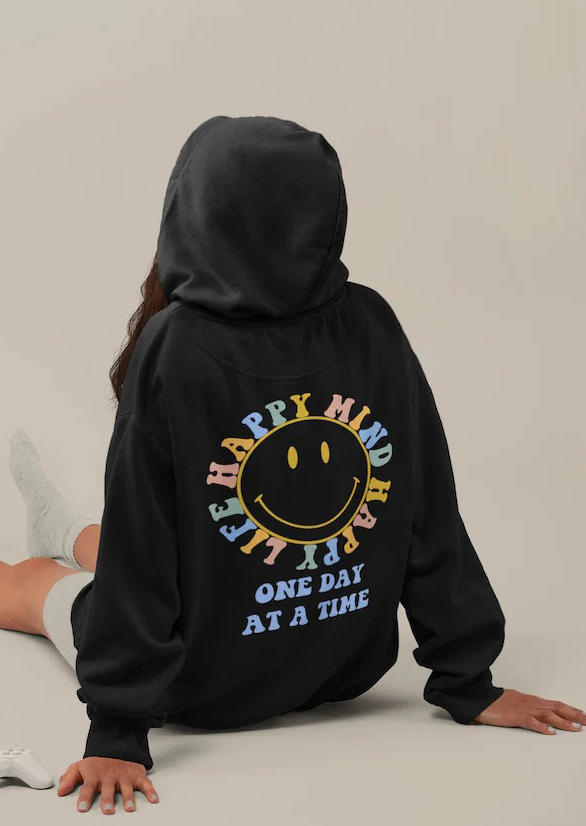 

Hoodies Happy Mind Happy Life Aesthetic Smiley Hoodie in Black. Size: ,L,XL