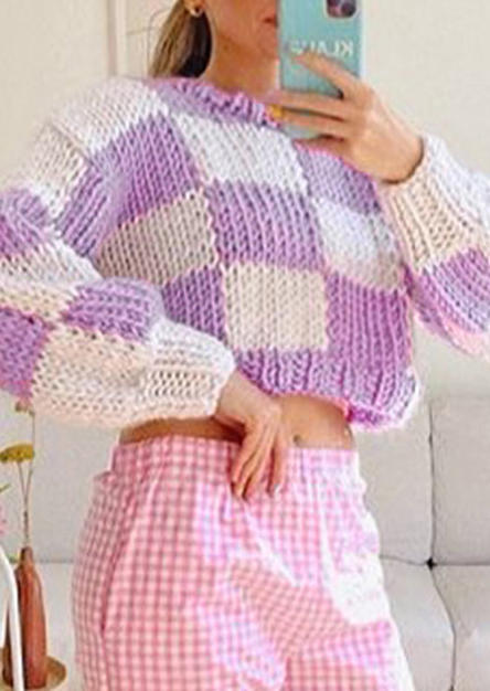 

Blouses Plaid Color Block Knitted Blouse in Purple. Size: ,M,L