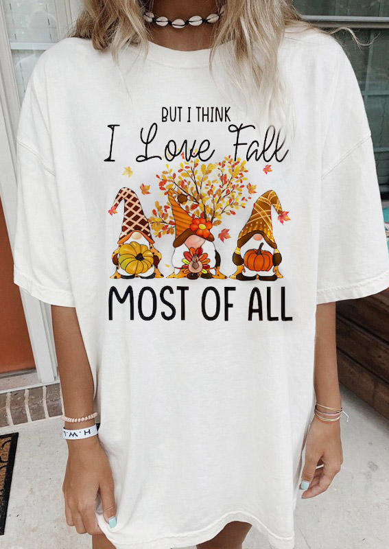 

T-shirts Tees But I Think I Love Fall Most Of All Gnome T-Shirt Tee in White. Size: ,M,L,XL