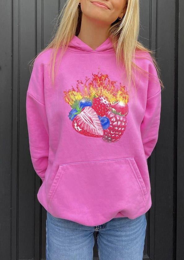 

Hoodies Strawberry Kangaroo Pocket Pullover Hoodie in Pink. Size: ,M,L