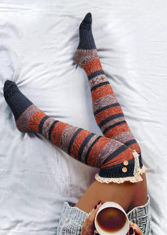 

Knee-High Socks Color Block Striped Button Lace Over Knee Socks in Coffee. Size