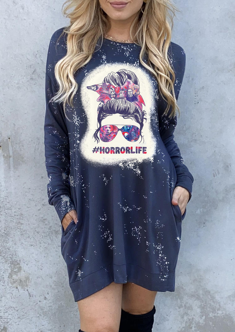 Horror Life Skull Pocket Bleached Mini Dress - Navy Blue