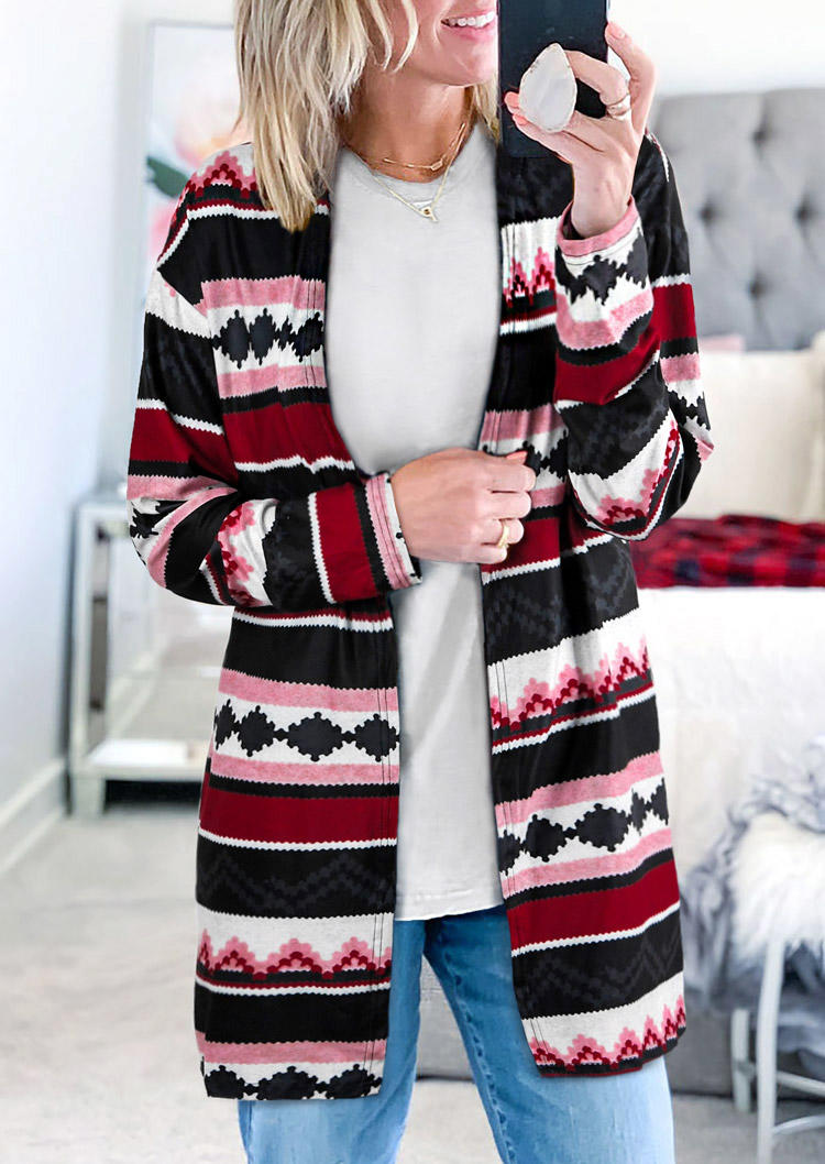 

Cardigans Aztec Geometric Long Sleeve Casual Cardigan in Multicolor. Size