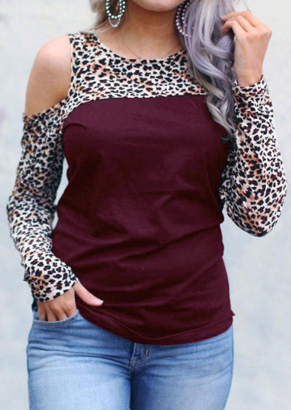 Leopard Color Block Splicing Cold Shoulder Blouse - Burgundy