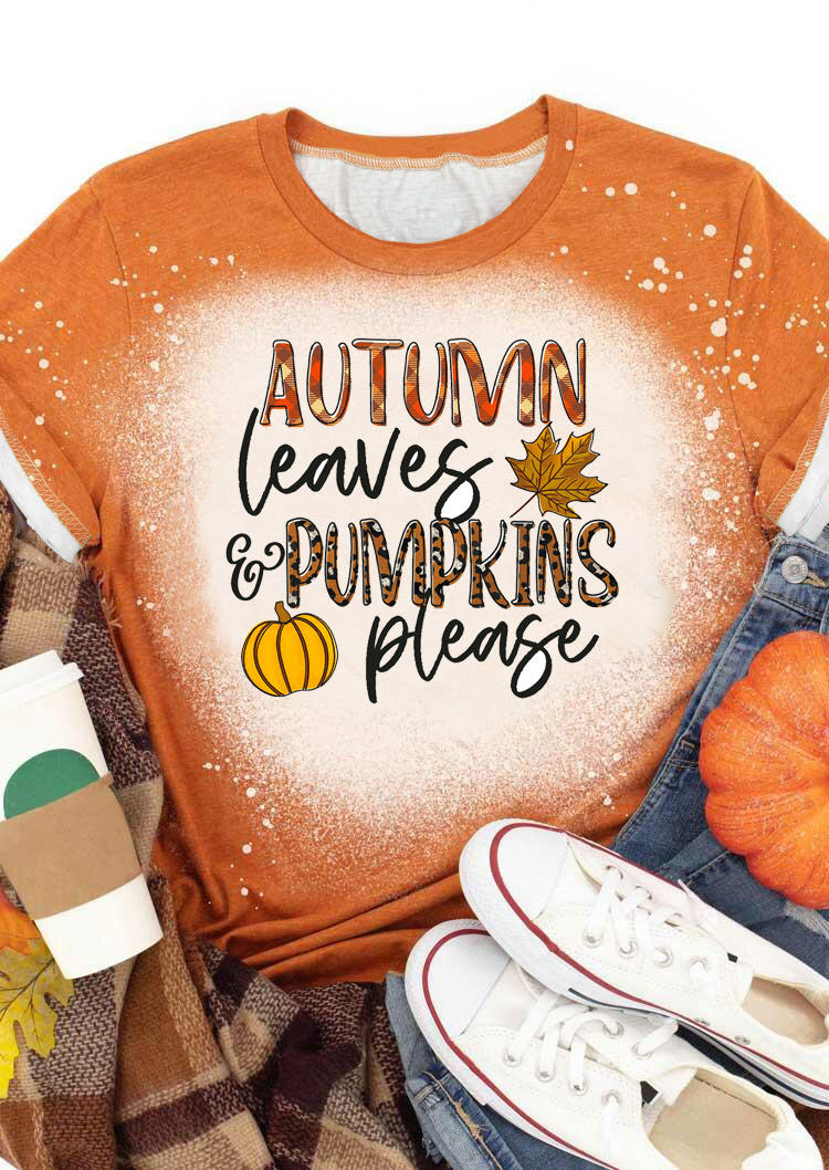 Autumn Leaves And Pumpkins Please T-Shirt Tee - Orange