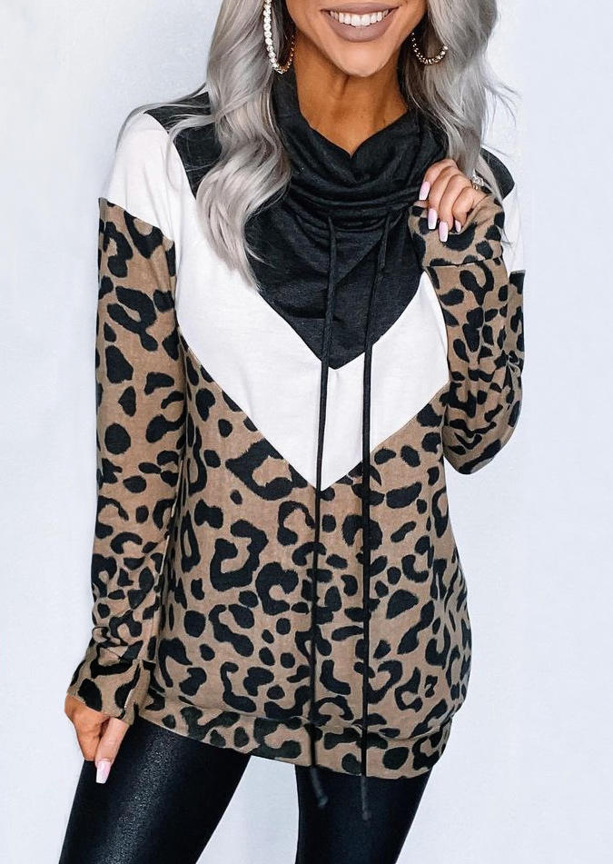 

Sweatshirts Leopard Color Block Drawstring Cowl Neck Sweatshirt in Leopard. Size: ,L
