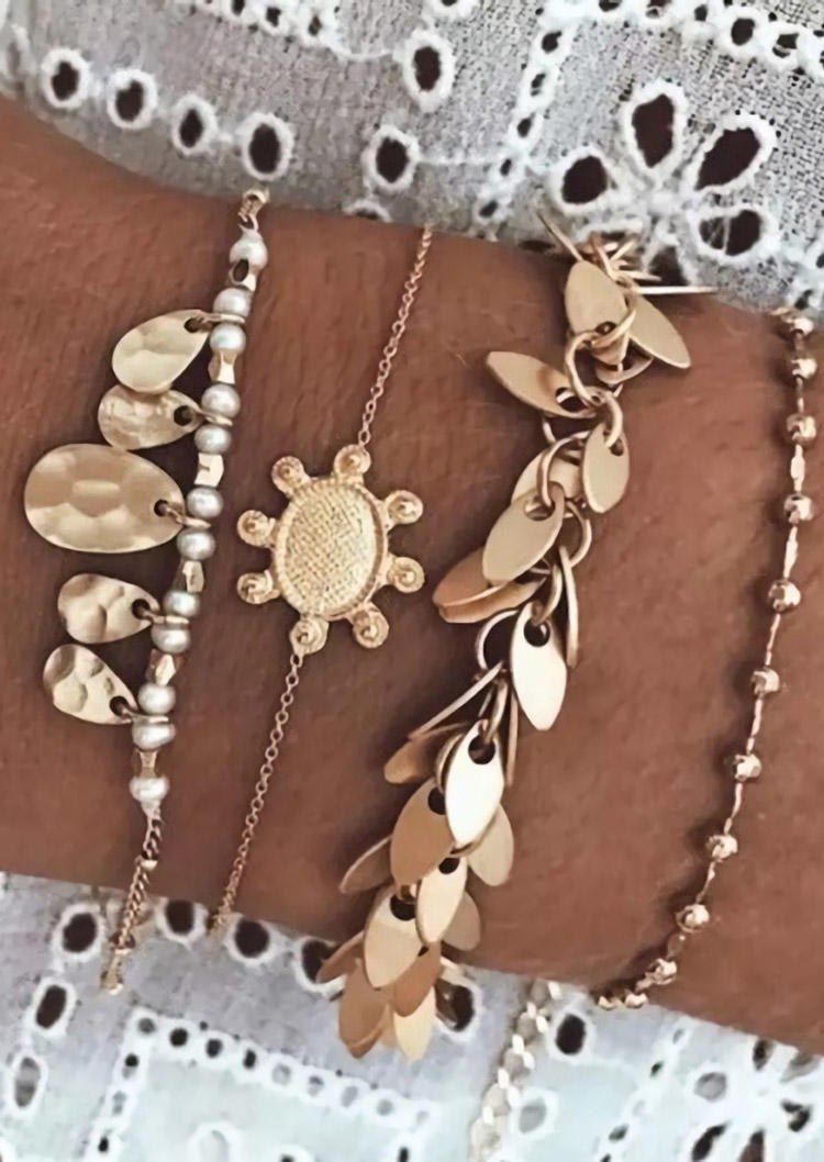 

Bracelet 4Pcs Bohemian Beading Leaf Alloy Bracelet Set in Gold. Size