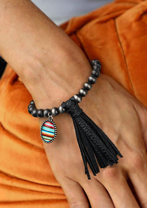 

Bracelet Serape Striped Beading Tassel Bracelet in Black. Size