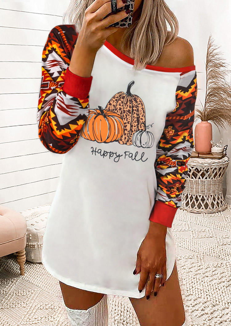 Happy Fall Aztec Geometric Pumpkin Leopard Mini Dress