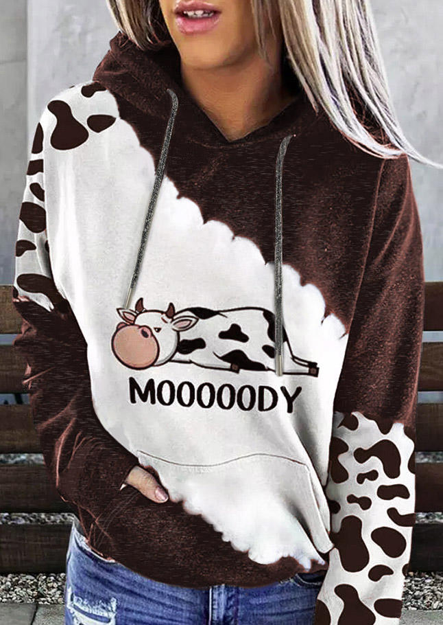 Mooooody Cow Kangaroo Pocket Drawstring Hoodie - Brown