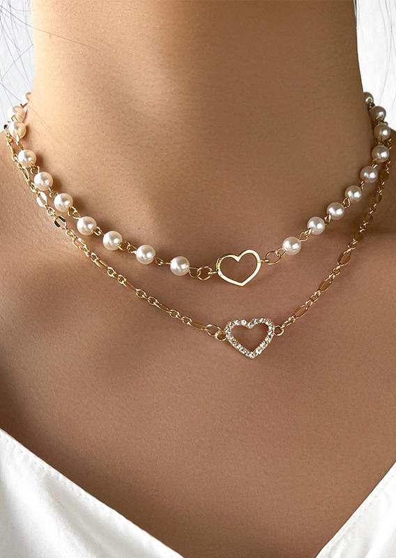 

Necklaces Pearl Heart Hollow Out Double-Layered Necklace in Gold. Size