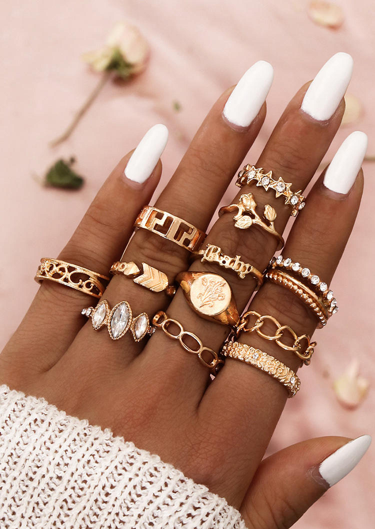 

Rings 12Pcs Hollow Out Rhinestone Baby Ring Set in Gold. Size