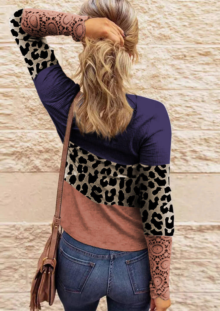 Lace Leopard Splicing Color Block Button Blouse