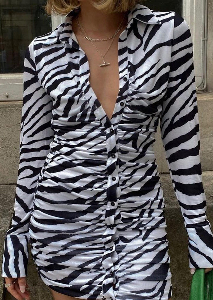 

Bodycon Dresses Zebra Button Ruched Bodycon Dress in White. Size: ,M,L,XL
