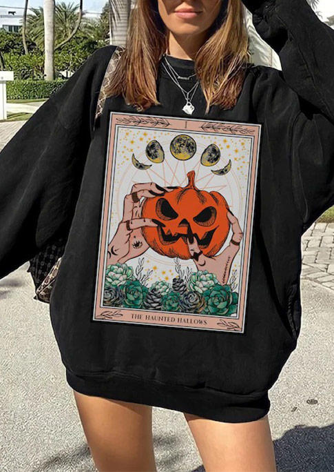 Halloween Pumpkin Moon Long Sleeve Sweatshirt - Black