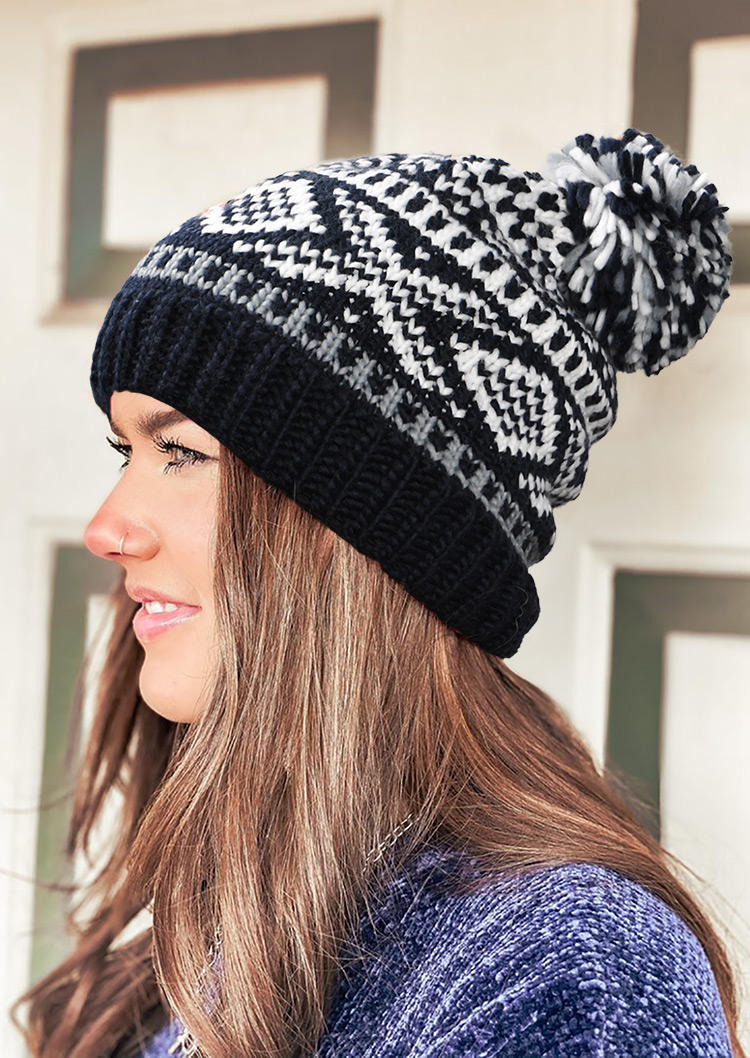 

Hats Geometric Hairball Bonnet Beanie Hat in Navy Blue. Size
