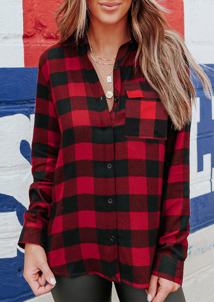 

Shirts Plaid Pocket Button Long Sleeve Turn-down Collar Shirt in Red. Size
