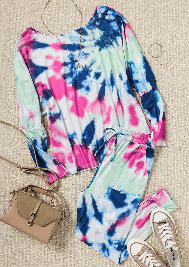 

Two-Piece Sets Tie Dye Blouse And Drawstring Pocket Pants Two-Piece Set in Multicolor. Size