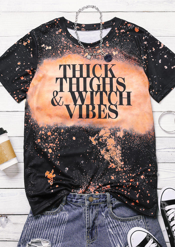 Thick Thighs Witch Vibes Bleached T-Shirt Tee - Black