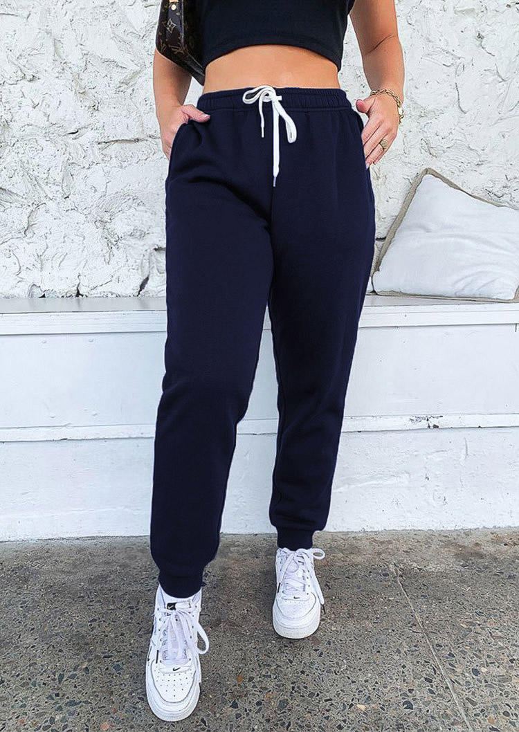 

Pants Drawstring Pocket Elastic Waist Sweatpants in Navy Blue. Size