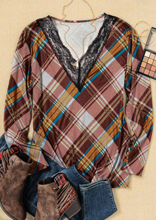 

Blouses Lace Splicing Plaid Long Sleeve Blouse in Multicolor. Size: ,M