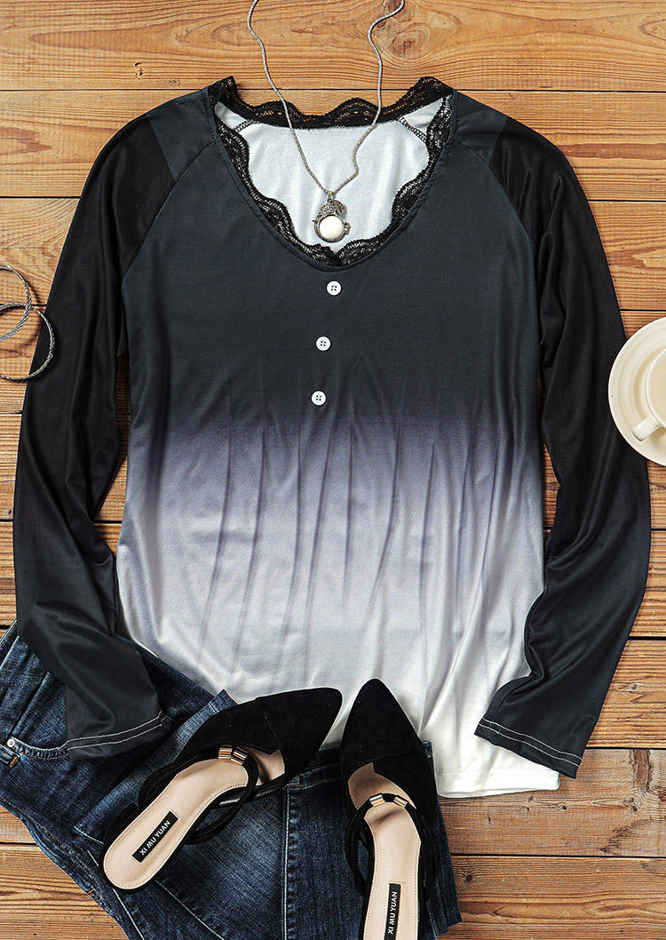 

Blouses Lace Gradient Long Sleeve Blouse in Black. Size