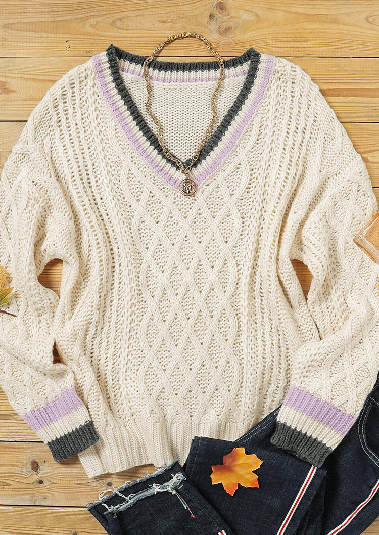 

Sweaters Crochet V-Neck Knitted Sweater in Beige. Size