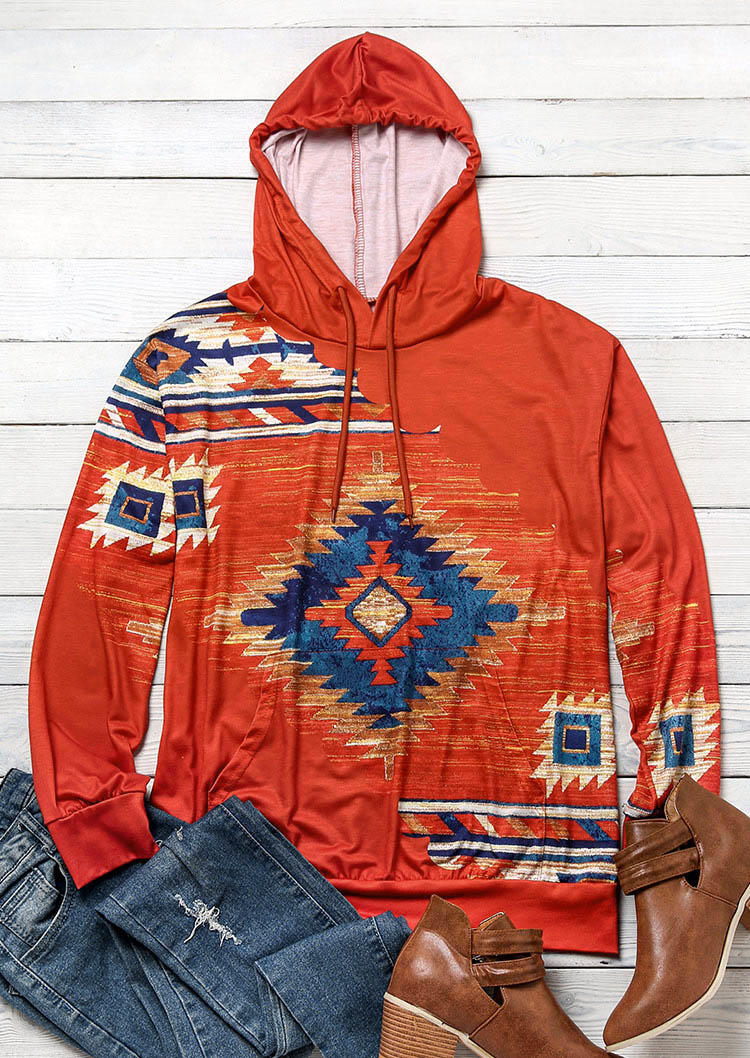 

Hoodies Aztec Geometric Kangaroo Pocket Hoodie in Brick Red. Size
