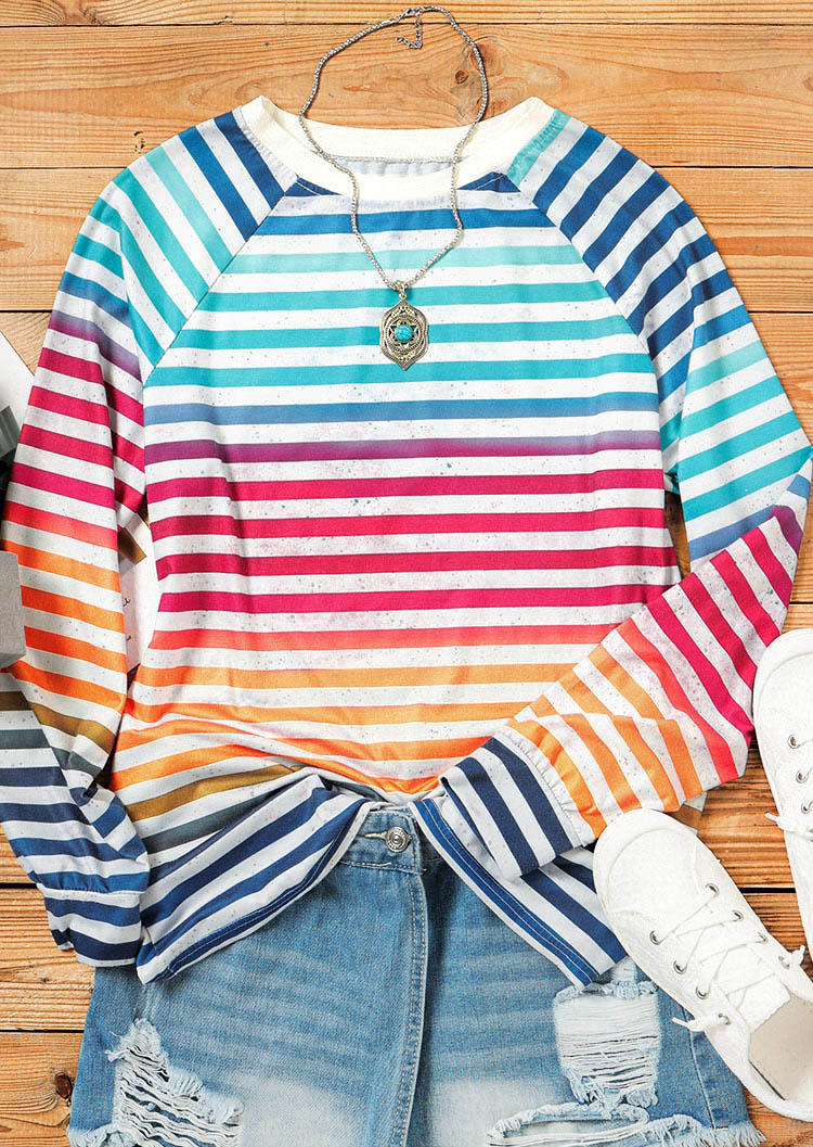 Blouses Colorful Striped O-Neck Long Sleeve Blouse in Stripe. Size: S,M,L,XL