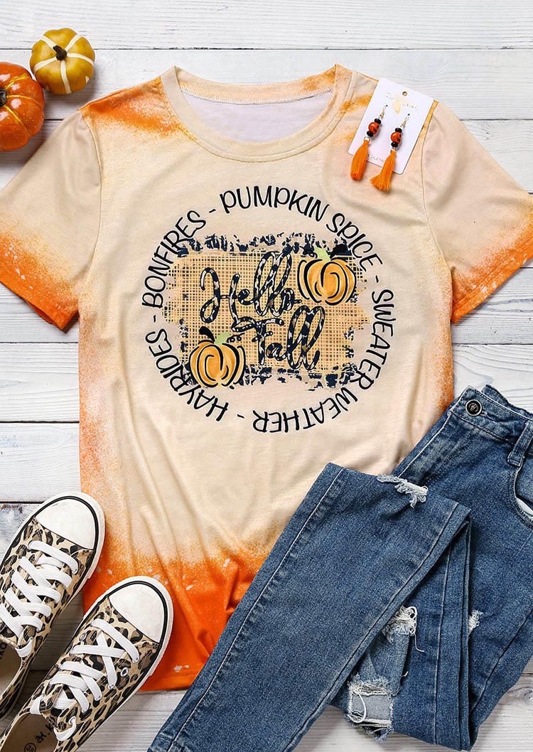 Hello Fall Pumpkin Spice Bleached T-Shirt Tee - Orange
