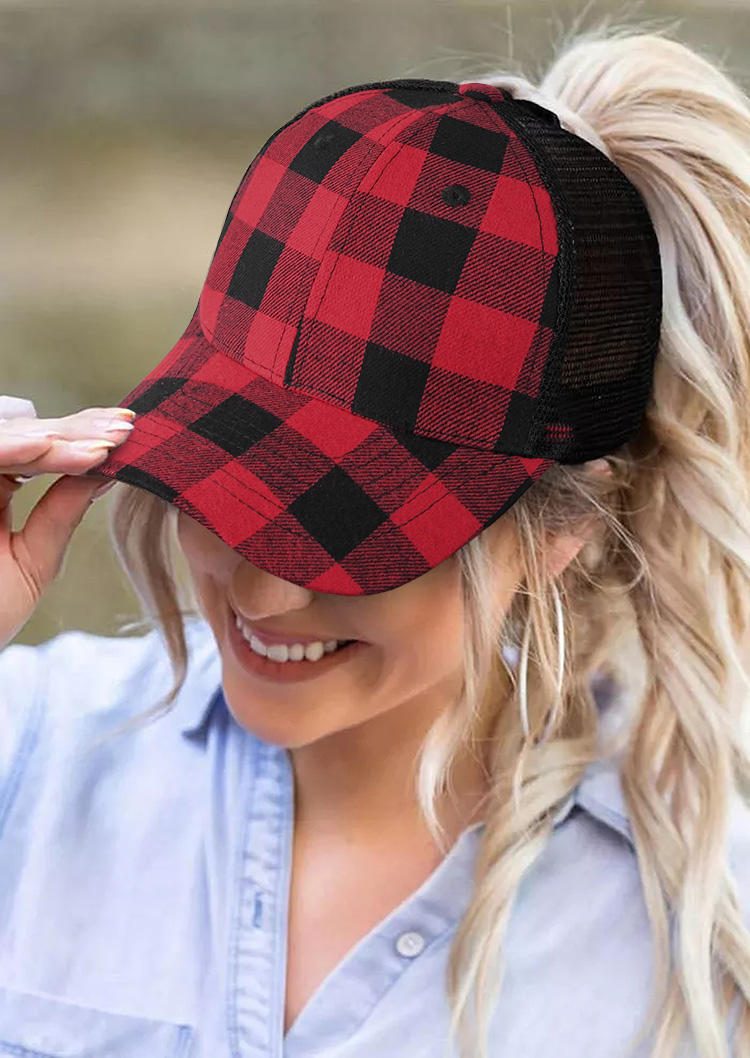 

Plaid Mesh Hollow Out Baseball Cap, Red, 516795