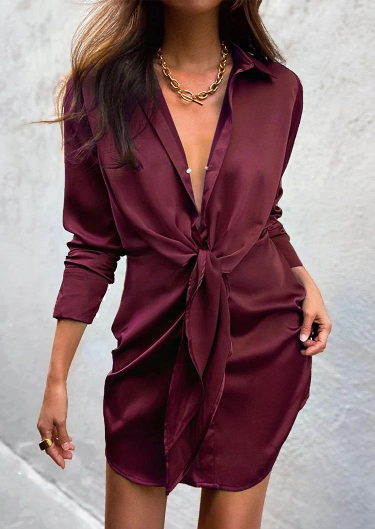 

Mini Dresses Tie Turn-down Collar Long Sleeve Mini Dress in Burgundy. Size: ,M,L,XL