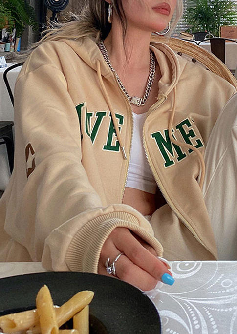 

Coats Letter Graphic Zipper Hooded Coat in Apricot. Size: ,M,L,XL