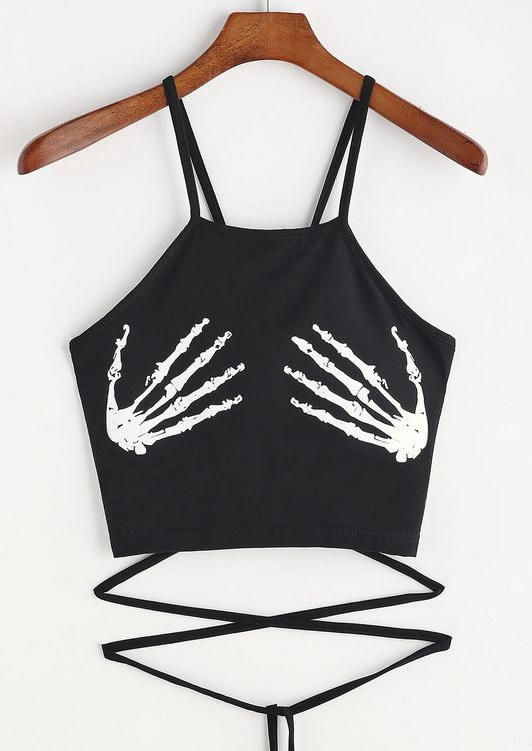 

Crop Tops Halloween Skeleton Hand Tie Crop Camisole Top in Black. Size