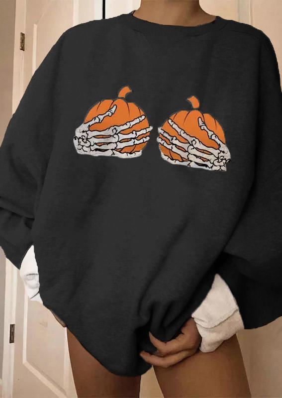 Halloween Pumpkin Skull Pullover Sweatshirt - Gray