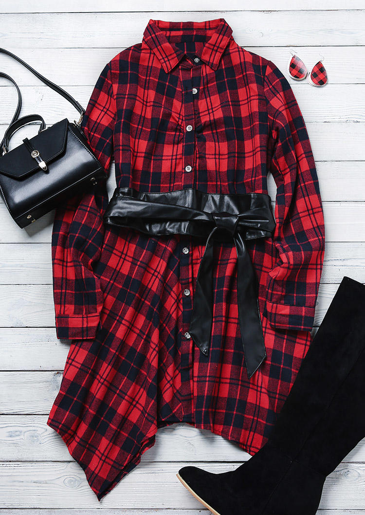 

Mini Dresses Plaid Button Irregular Turn-down Collar Mini Dress in Plaid. Size
