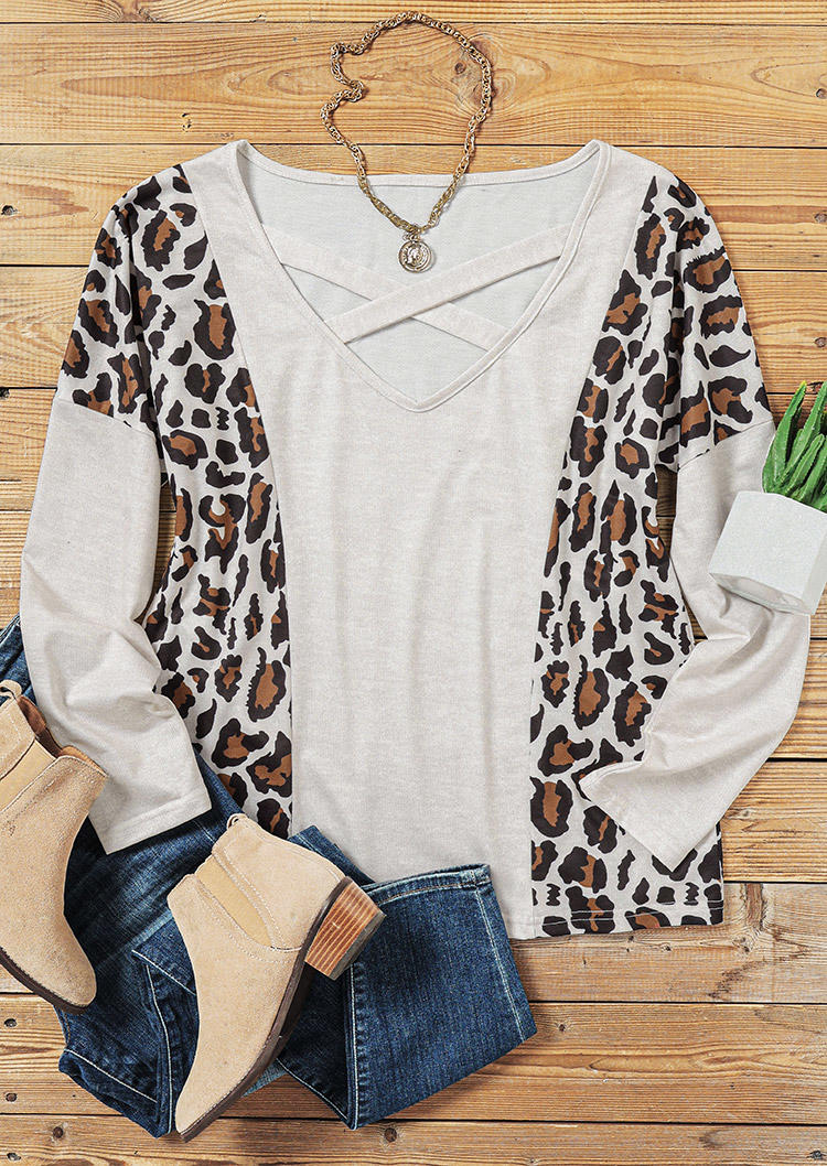 Blouses Leopard Criss-Cross Hollow Out Long Sleeve Blouse in Beige. Size: M,XL
