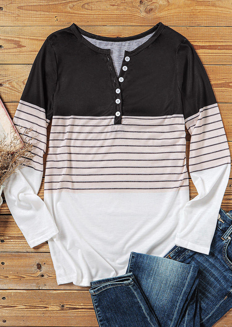 Blouses Striped Color Block Button Long Sleeve Blouse in Multicolor. Size: M,L,XL