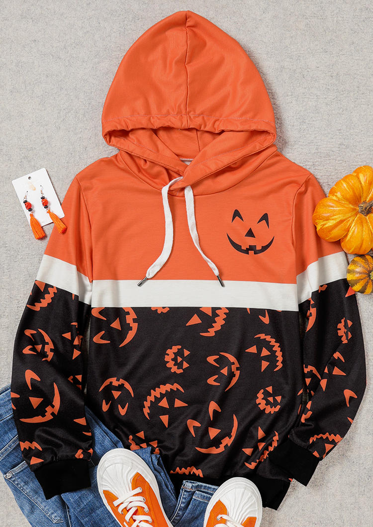 Hoodies Pumpkin Face Color Block Drawstring Hoodie in Orange. Size: L,M,S
