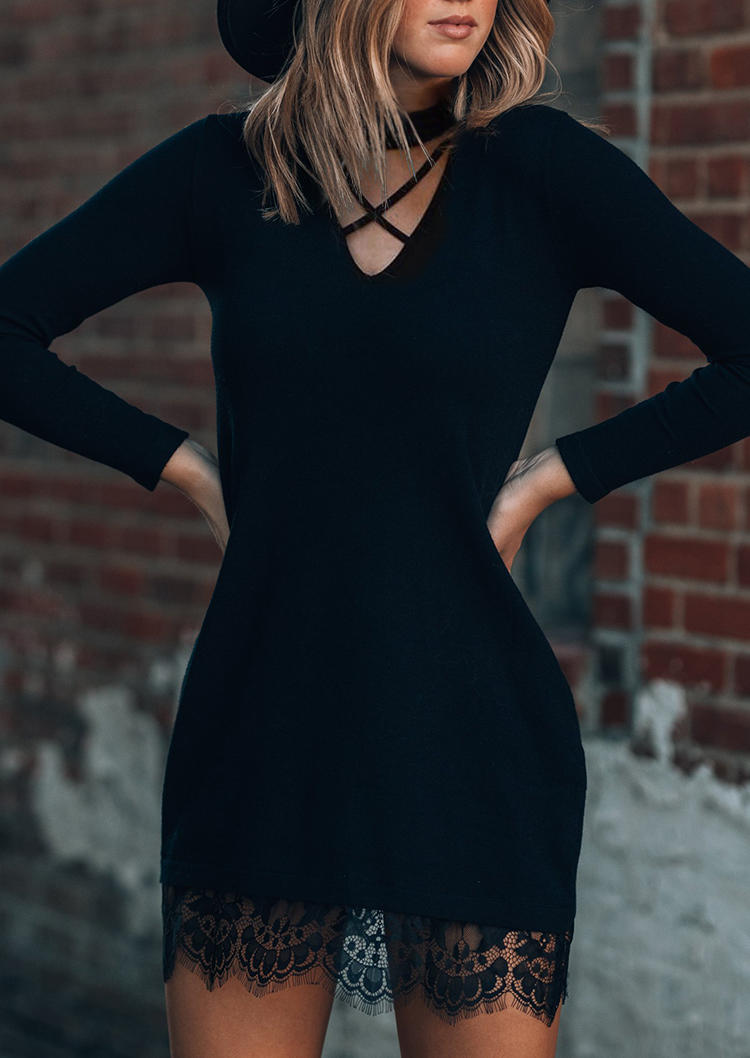 Mini Dresses Hollow Out Criss-Cross Lace Splicing Mini Dress in Black. Size: L,M,S