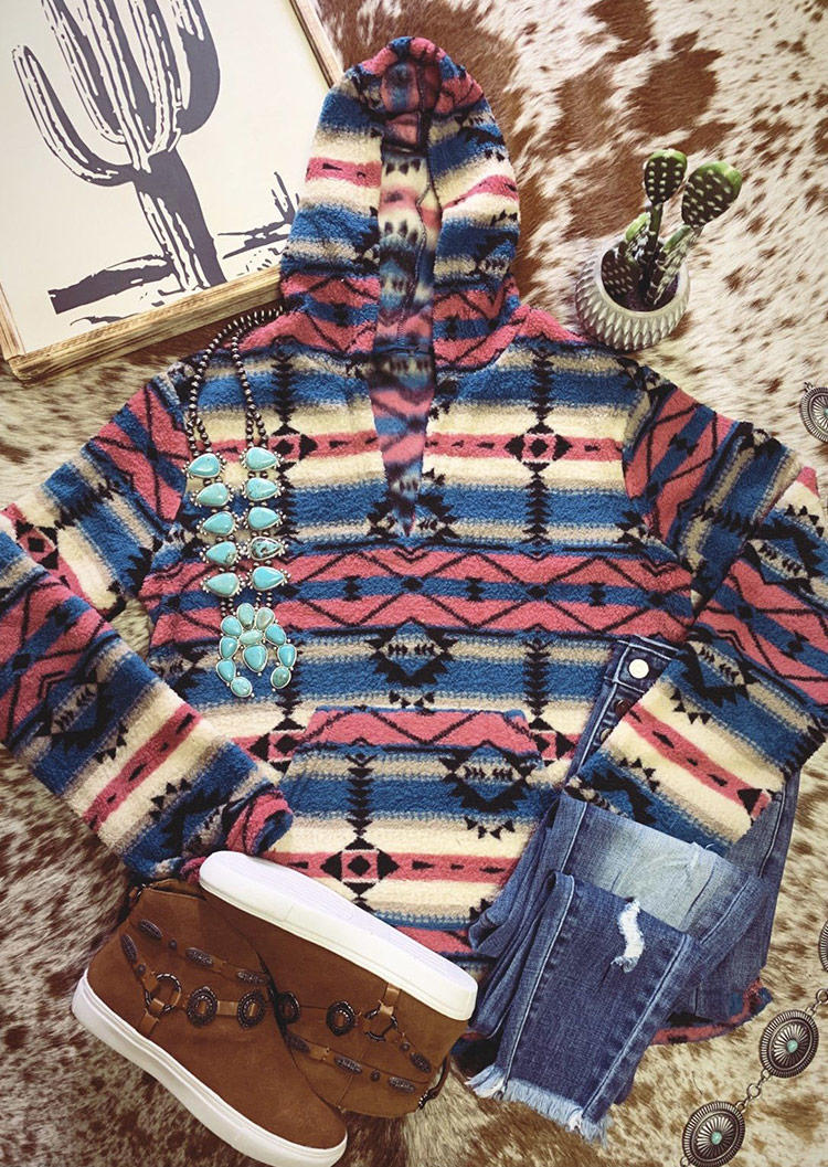 

Hoodies Aztec Geometric Kangaroo Pocket Hoodie in Multicolor. Size: ,L,XL