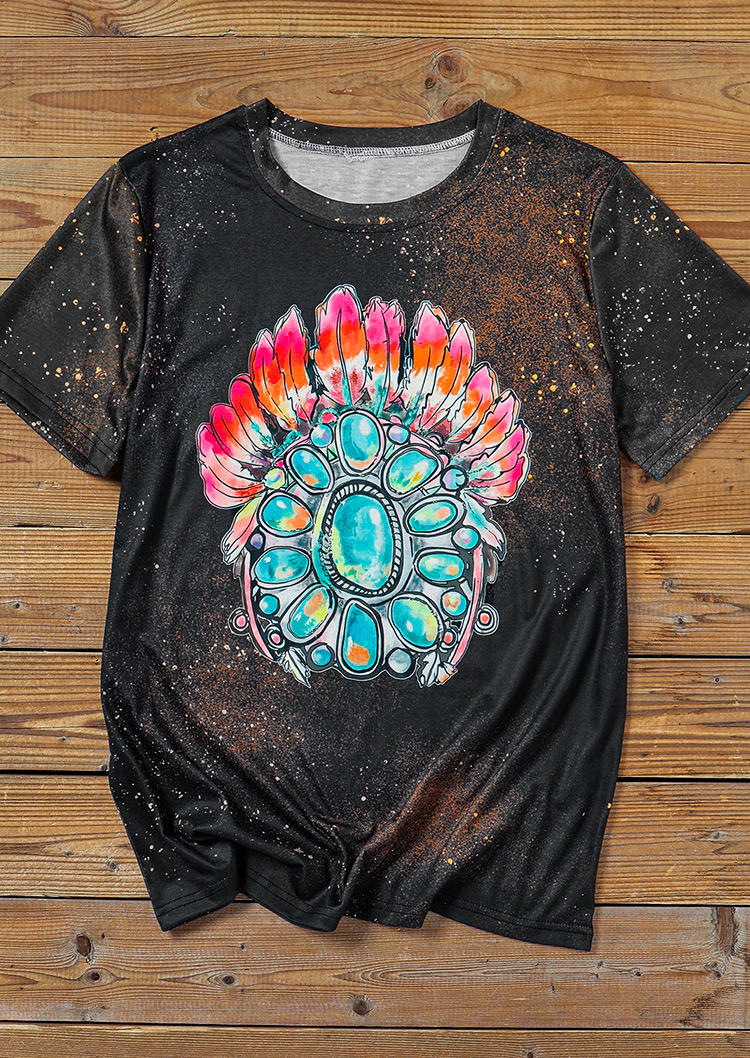 T-shirts Tees Feather Turquoise Bleached T-Shirt Tee in Black. Size: M,L,XL